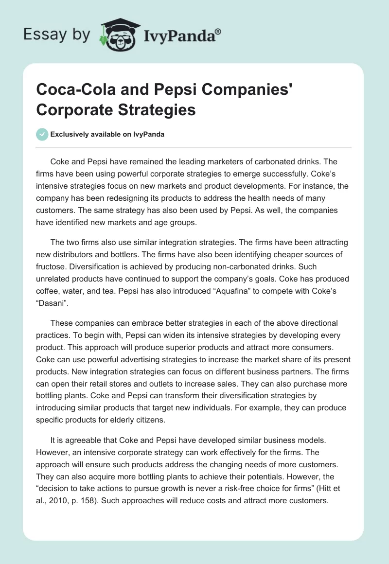 Coca-Cola and Pepsi Companies' Corporate Strategies. Page 1