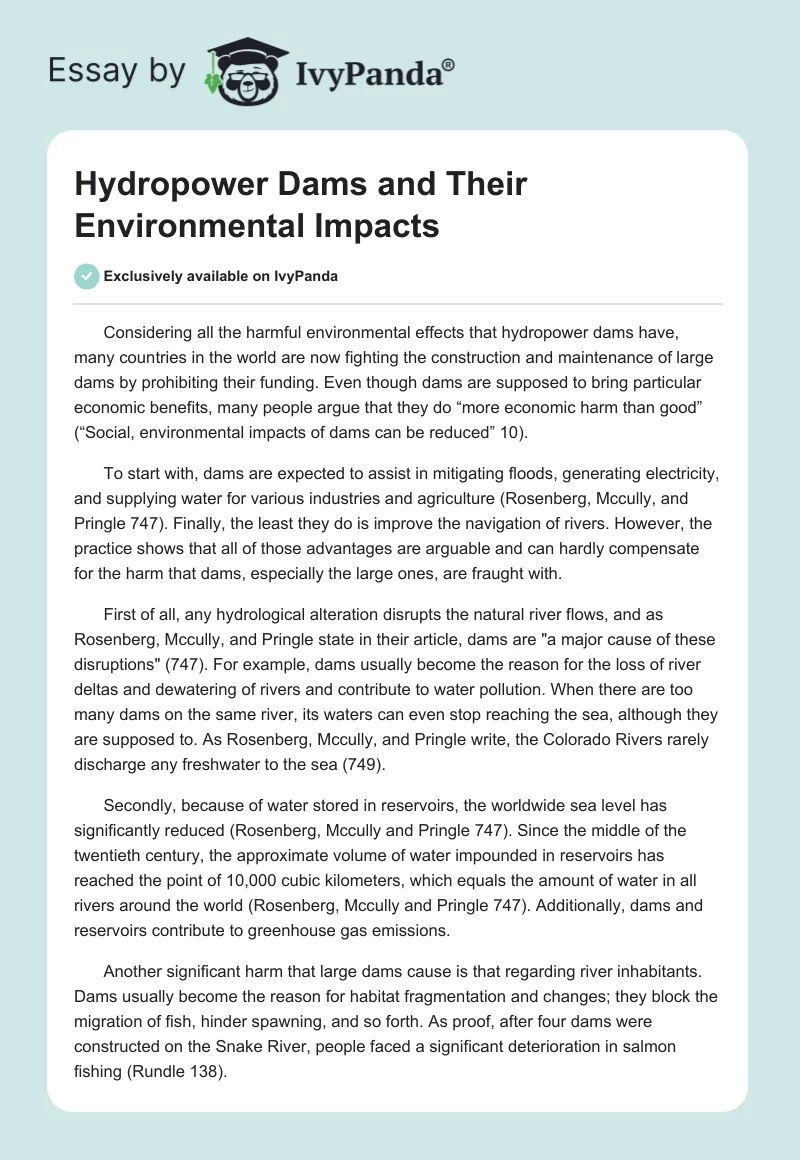 Hydropower Dams and Their Environmental Impacts. Page 1