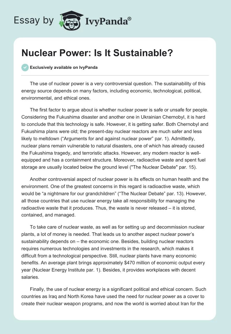 Nuclear Power: Is It Sustainable?. Page 1