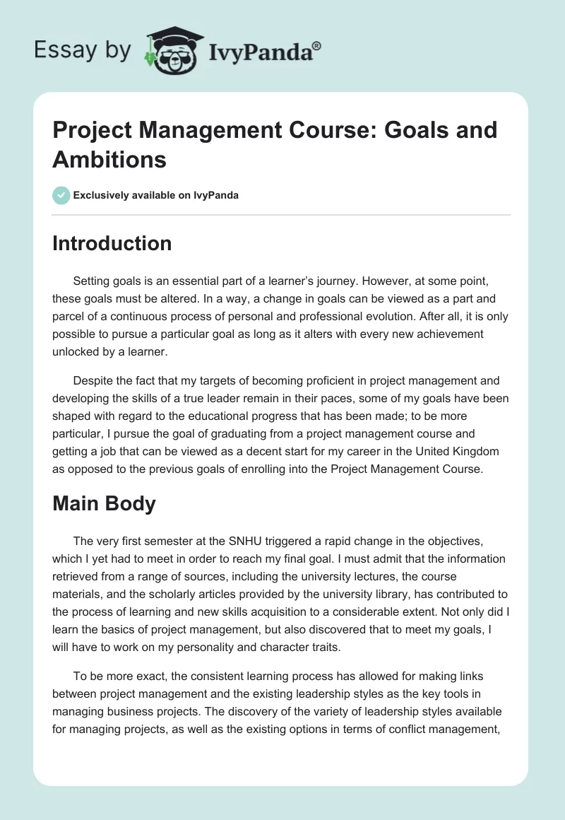 Project Management Course: Goals and Ambitions. Page 1