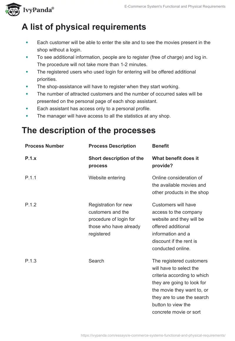 E-Commerce System's Functional and Physical Requirements. Page 2