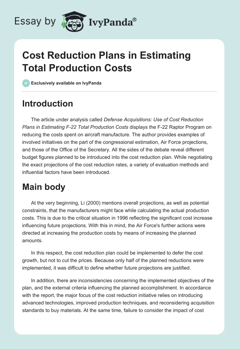 Cost Reduction Plans in Estimating Total Production Costs. Page 1