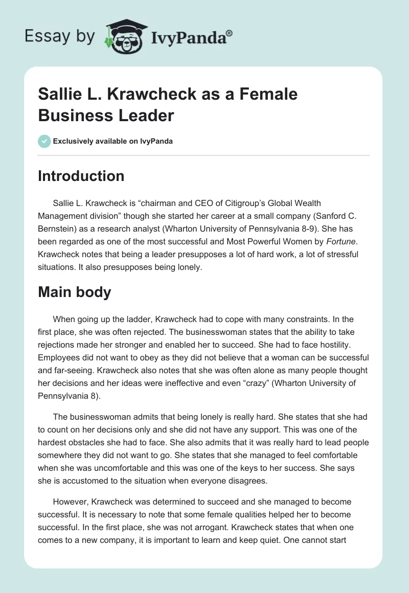 Sallie L. Krawcheck as a Female Business Leader. Page 1