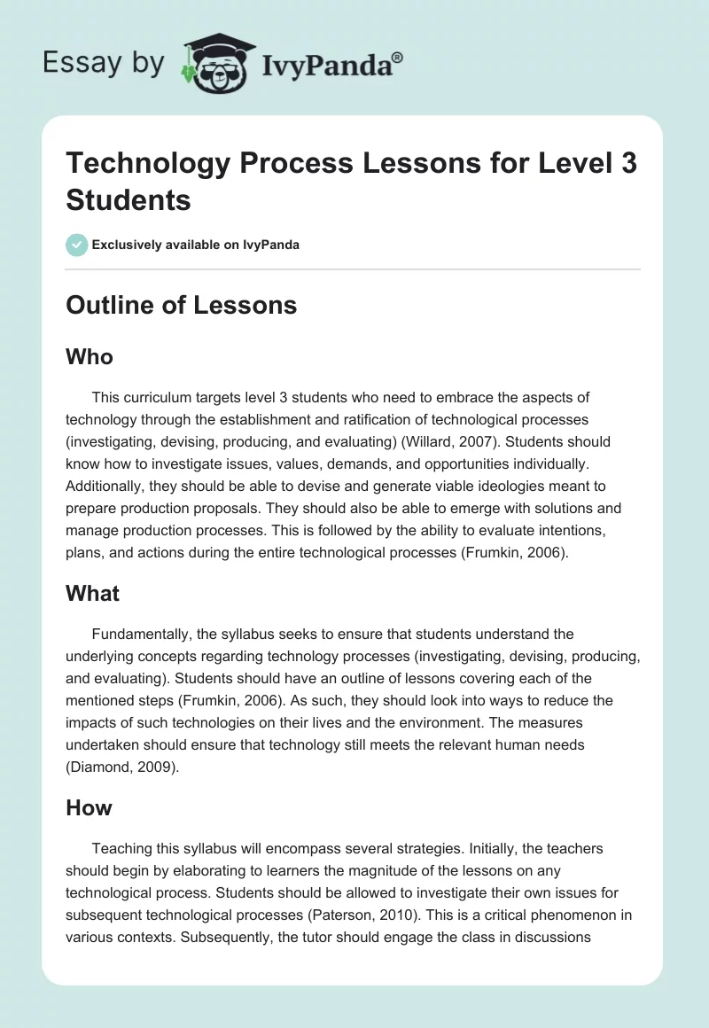 Technology Process Lessons for Level 3 Students. Page 1