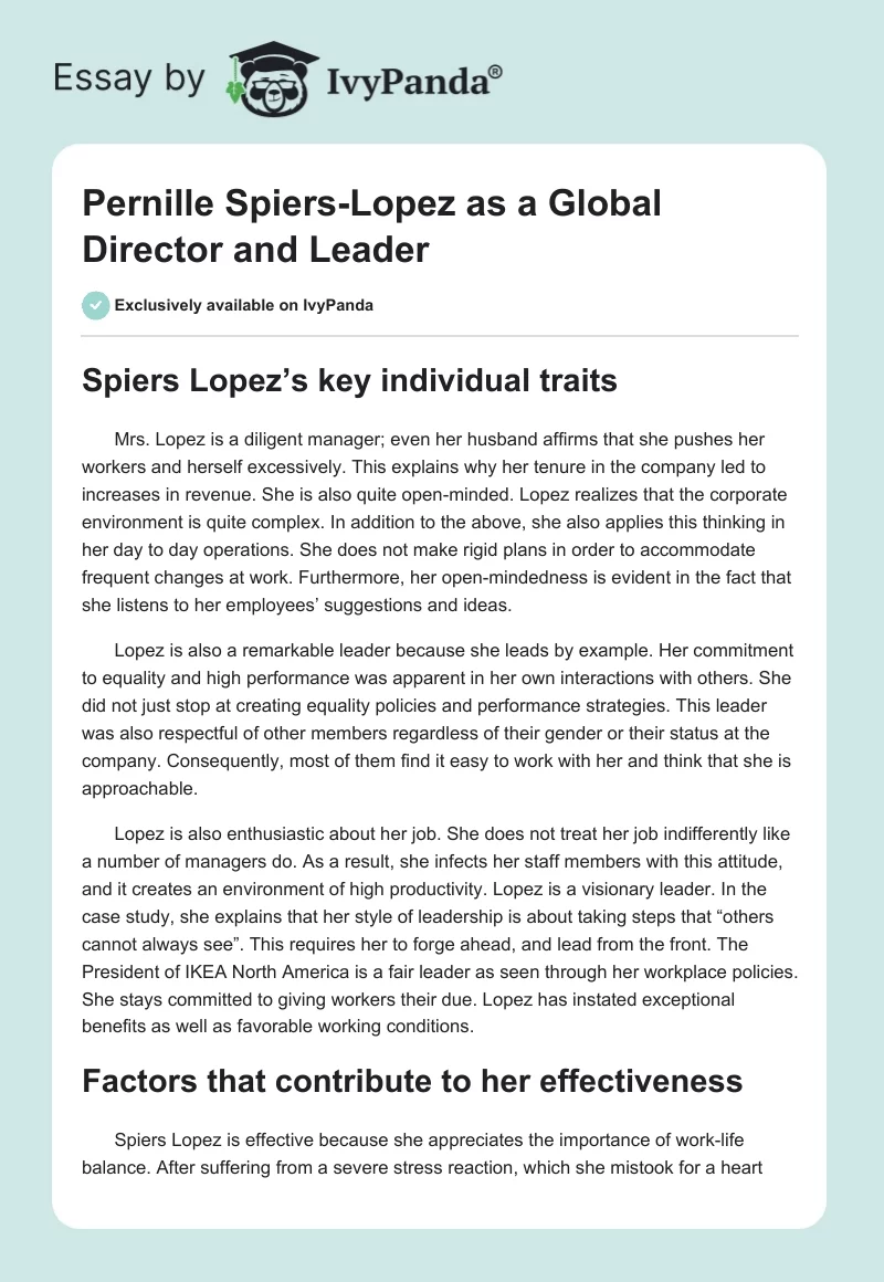 Pernille Spiers-Lopez as a Global Director and Leader. Page 1
