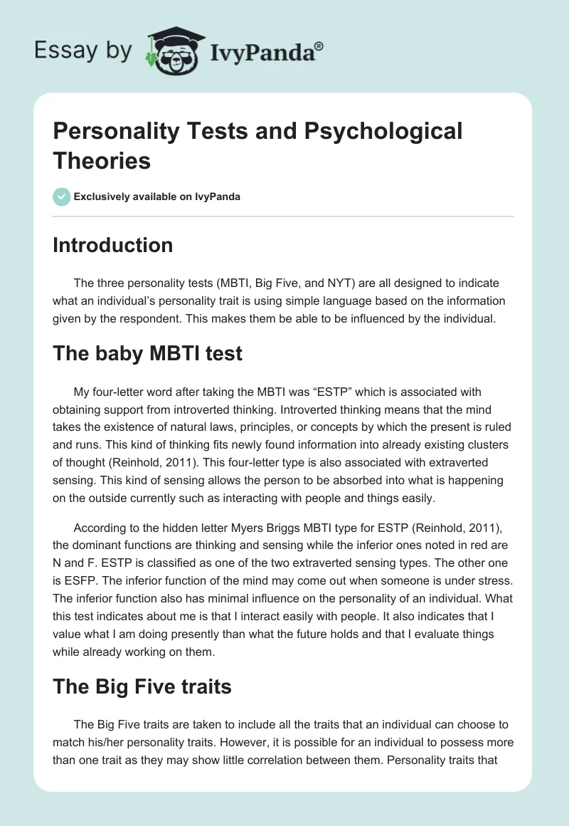 Personality Tests and Psychological Theories. Page 1