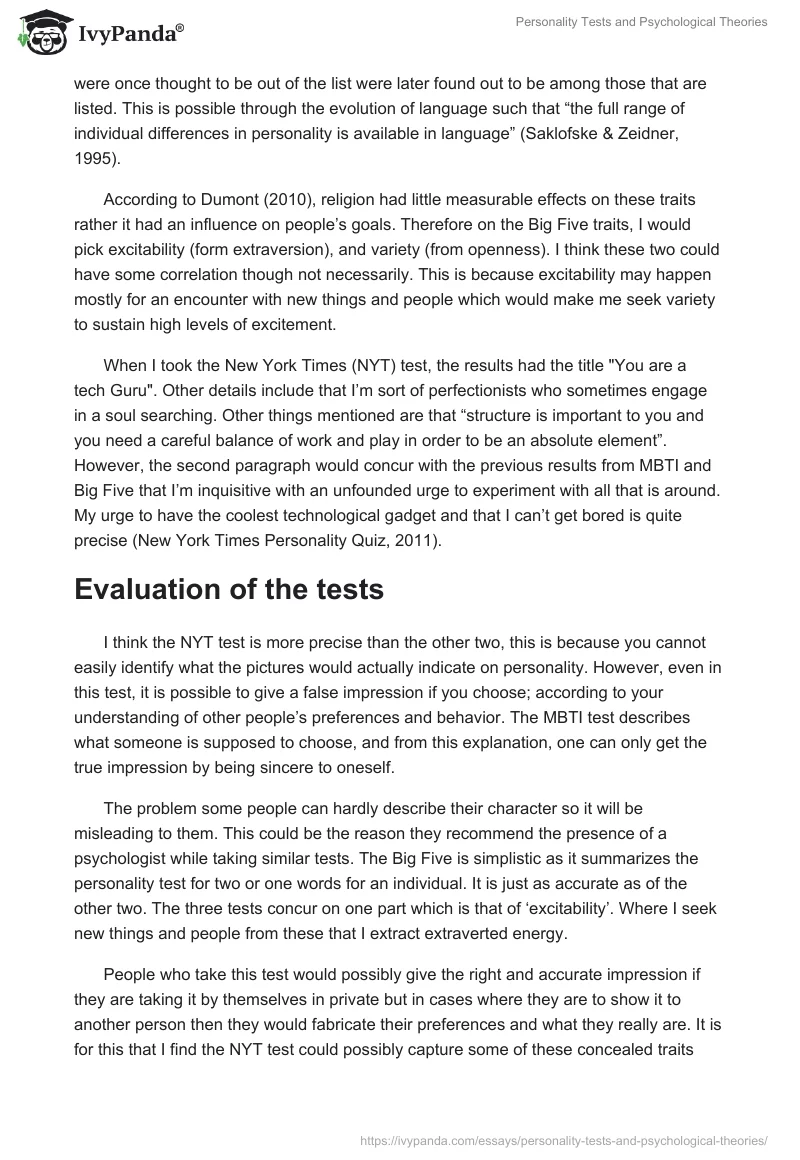 Personality Tests and Psychological Theories. Page 2