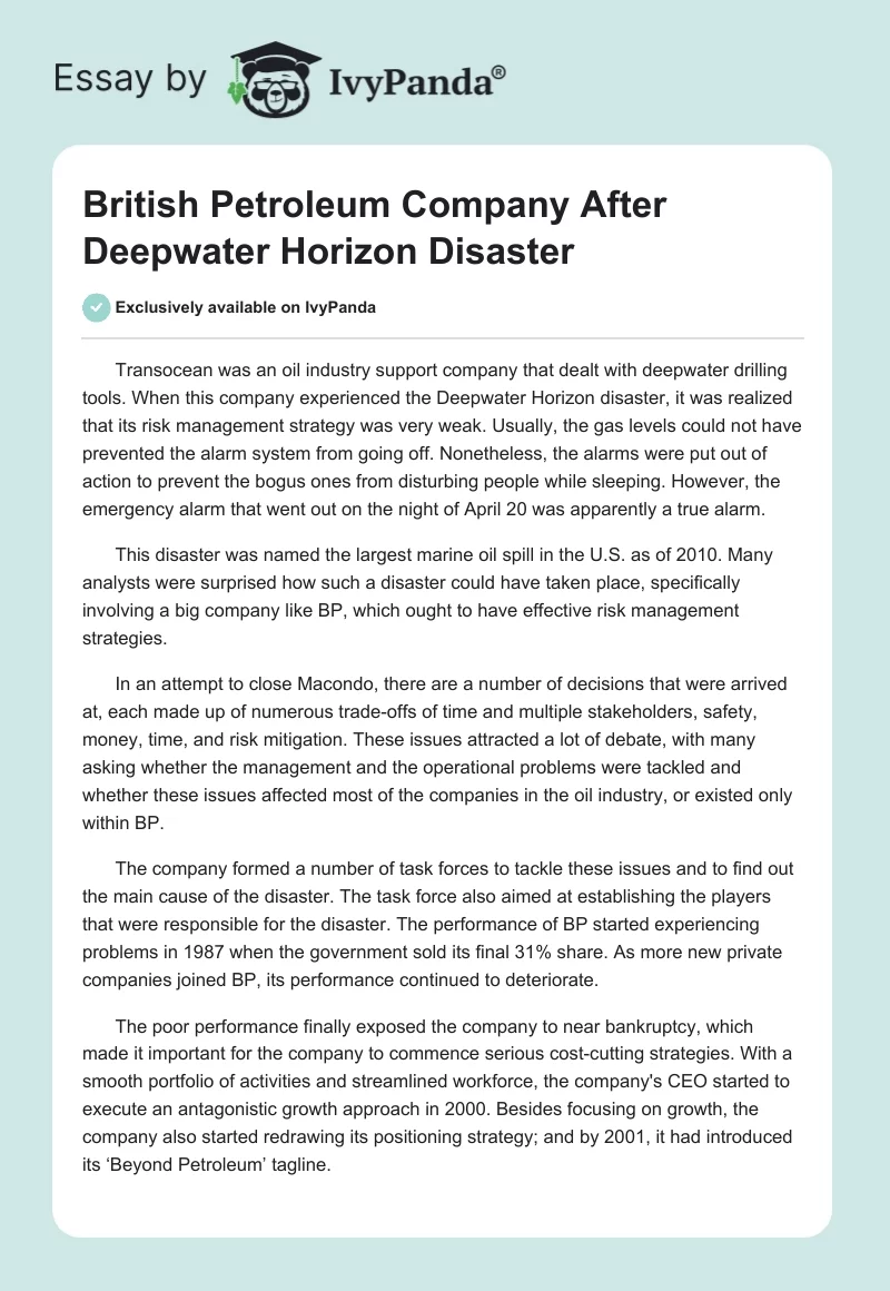 British Petroleum Company After Deepwater Horizon Disaster. Page 1