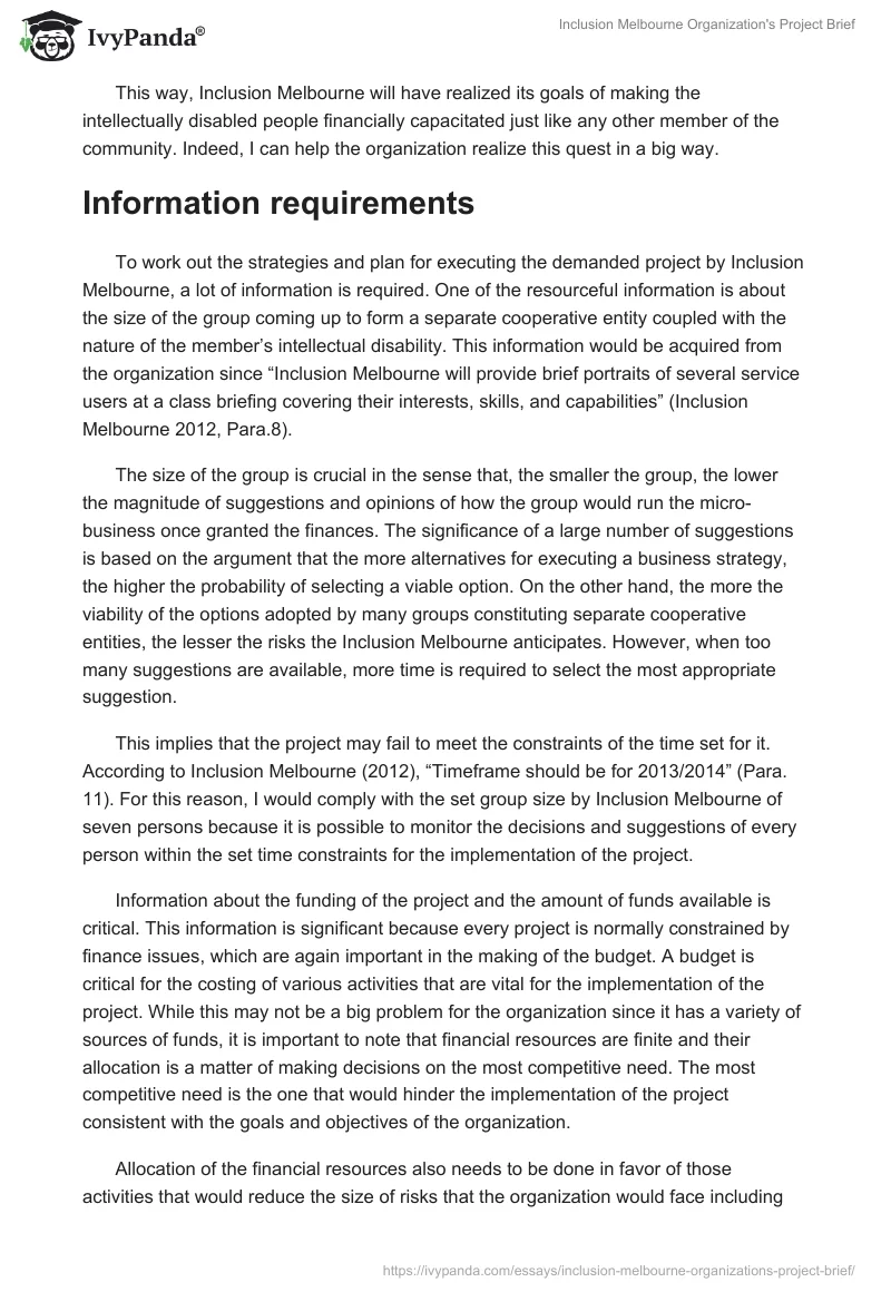 Inclusion Melbourne Organization's Project Brief. Page 2