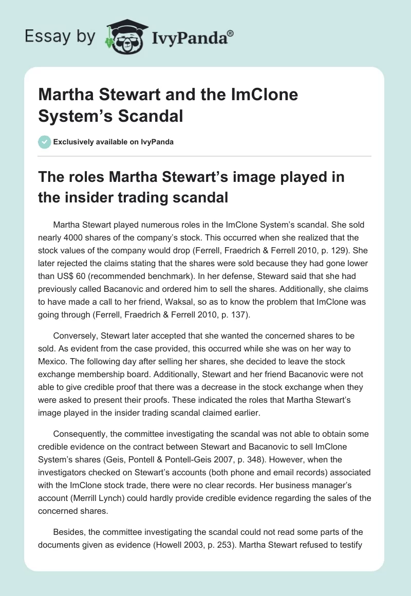 Martha Stewart and the ImClone System’s Scandal. Page 1