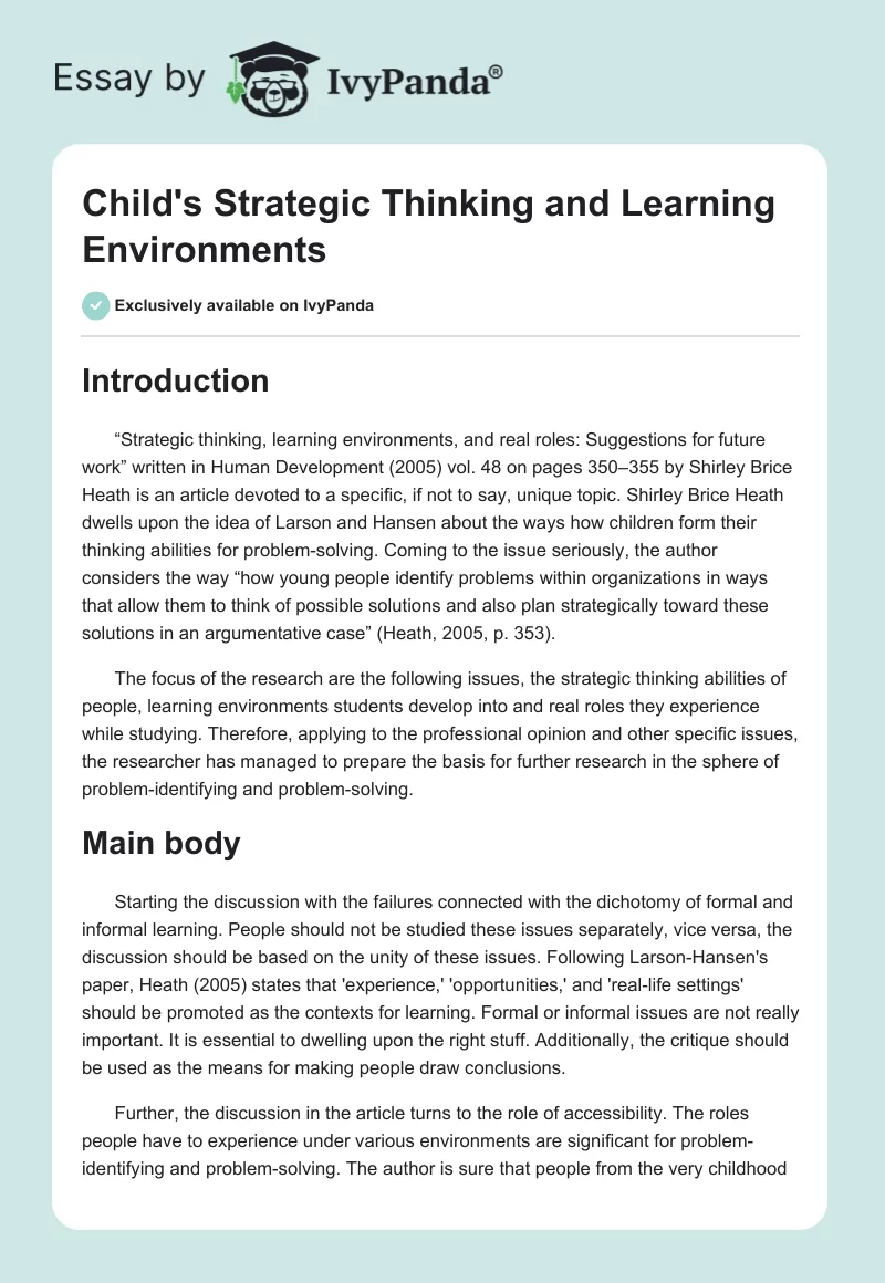 Child's Strategic Thinking and Learning Environments. Page 1