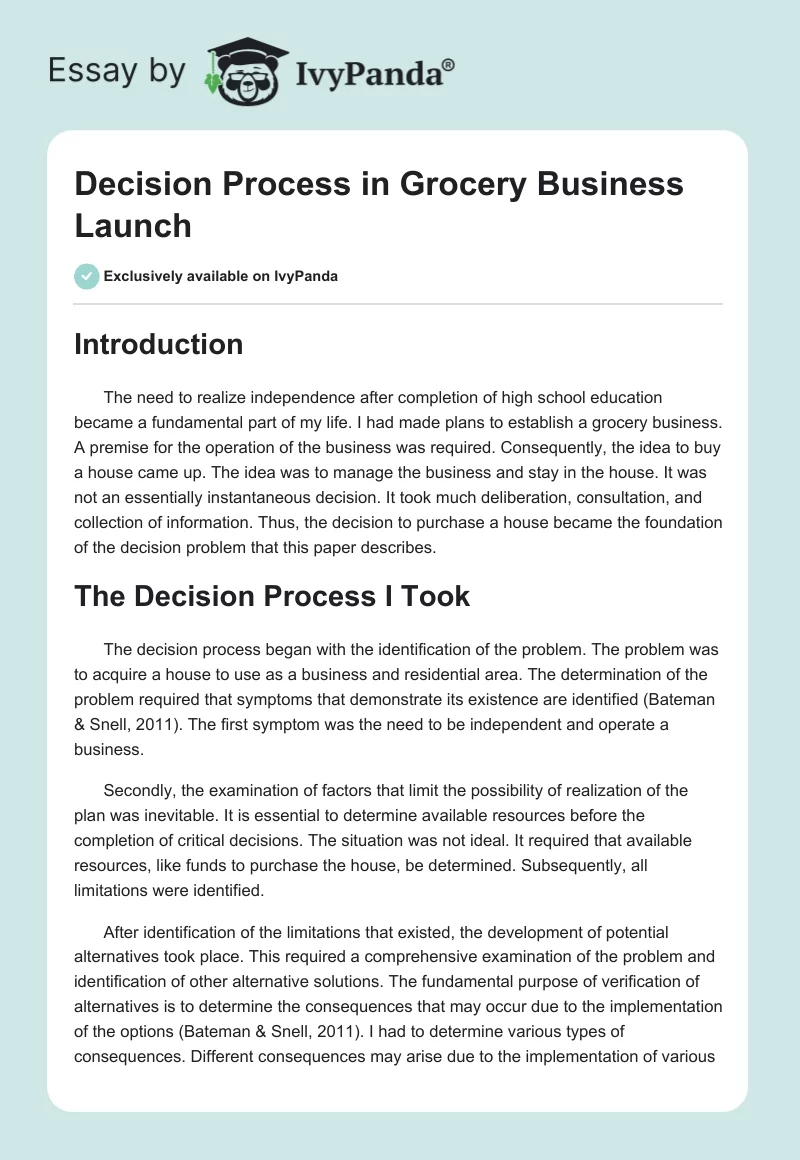 Decision Process in Grocery Business Launch. Page 1