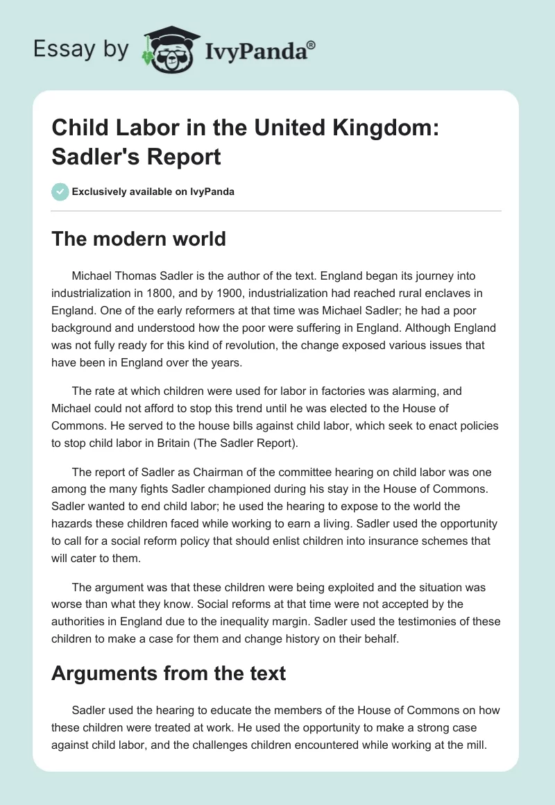 Child Labor in the United Kingdom: Sadler's Report. Page 1