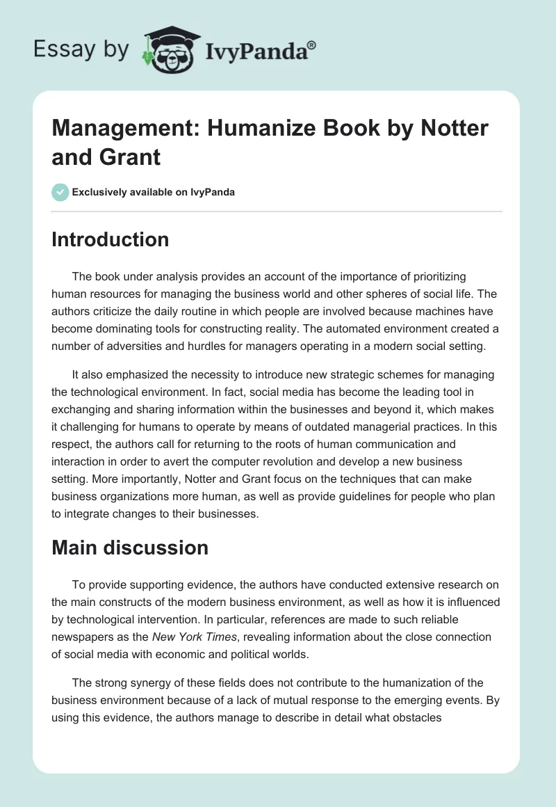 Management: "Humanize" Book by Notter and Grant. Page 1