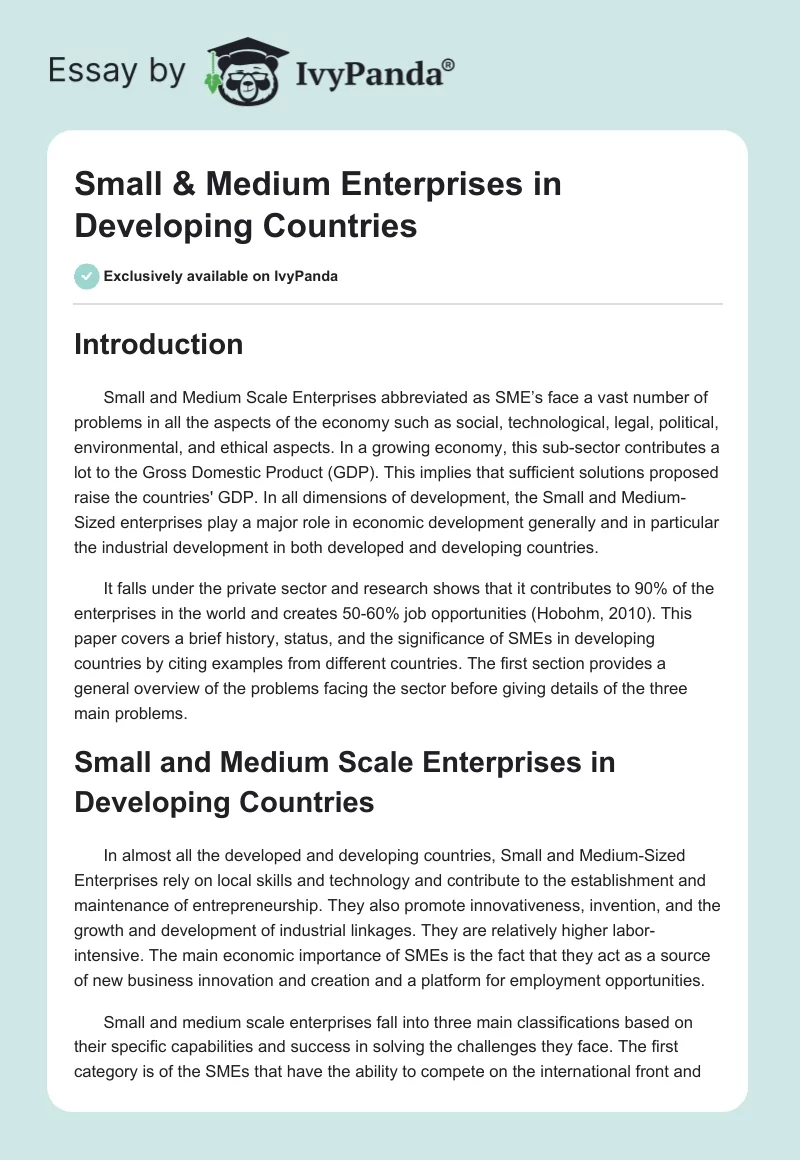 Small & Medium Enterprises in Developing Countries. Page 1
