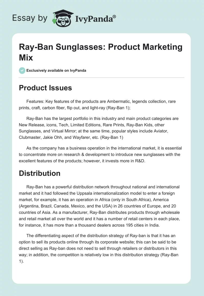 Ray-Ban Sunglasses: Product Marketing Mix. Page 1