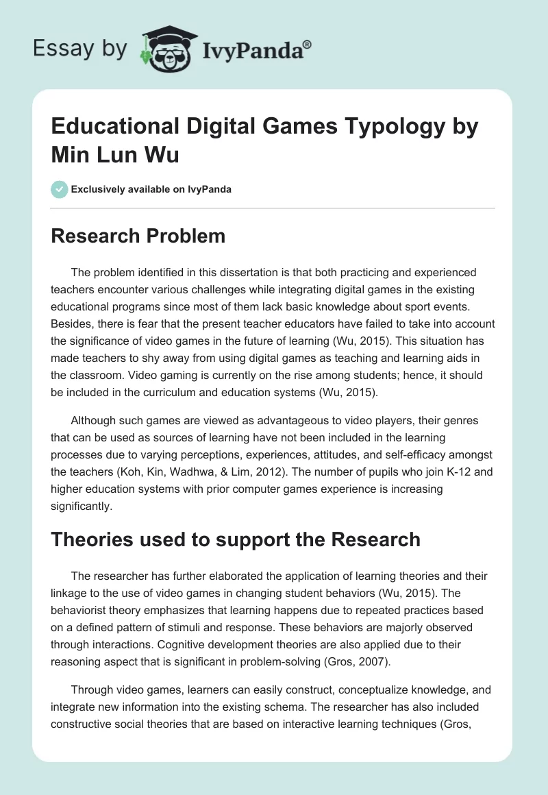 Educational Digital Games Typology by Min Lun Wu. Page 1