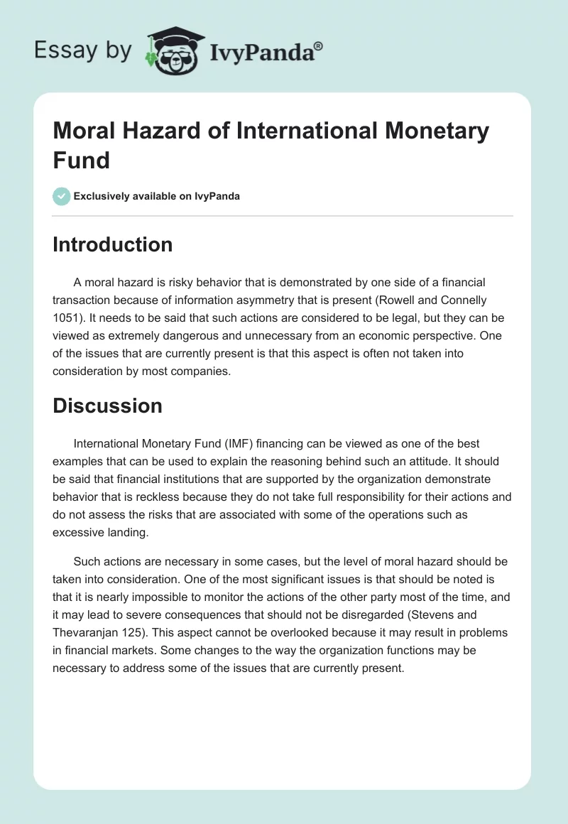 Moral Hazard of International Monetary Fund. Page 1