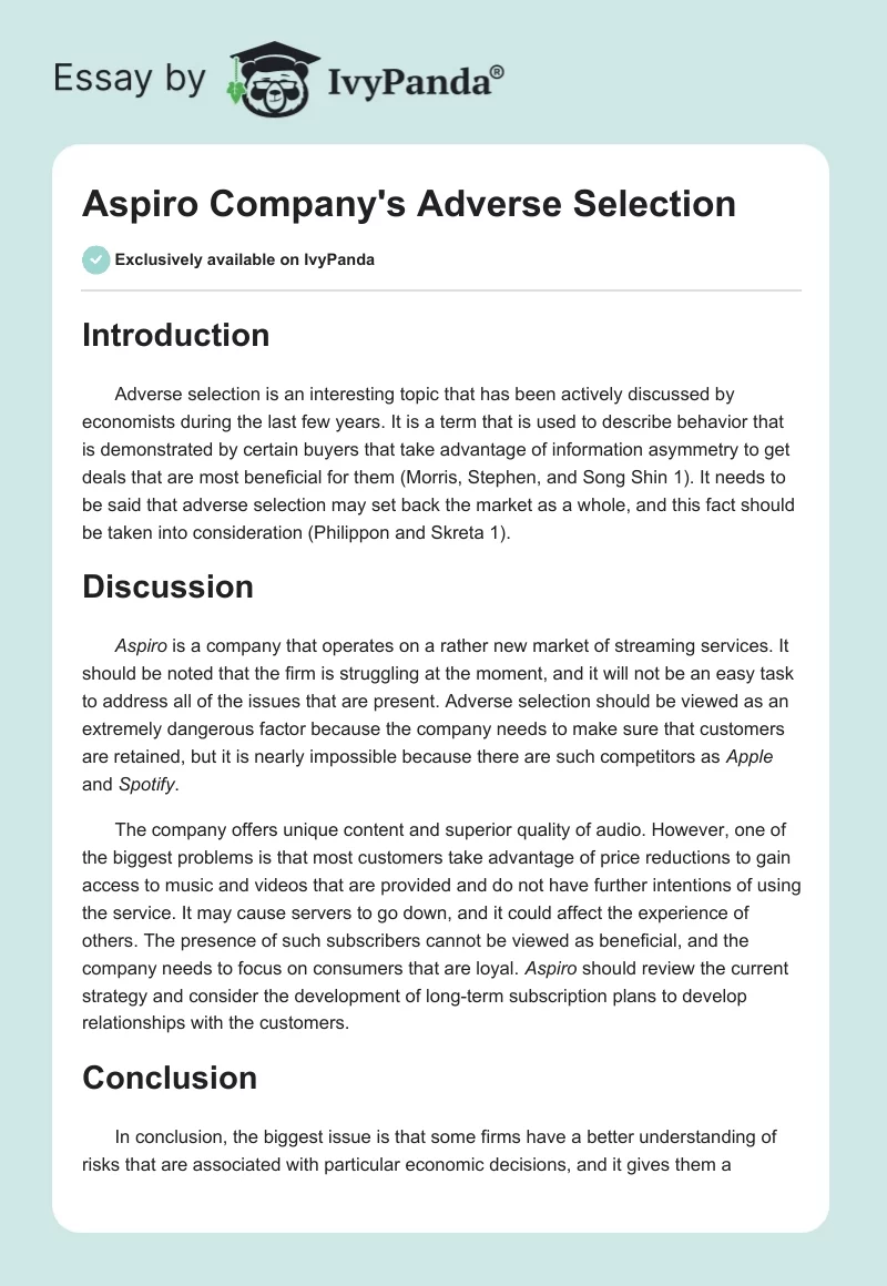 Aspiro Company's Adverse Selection. Page 1