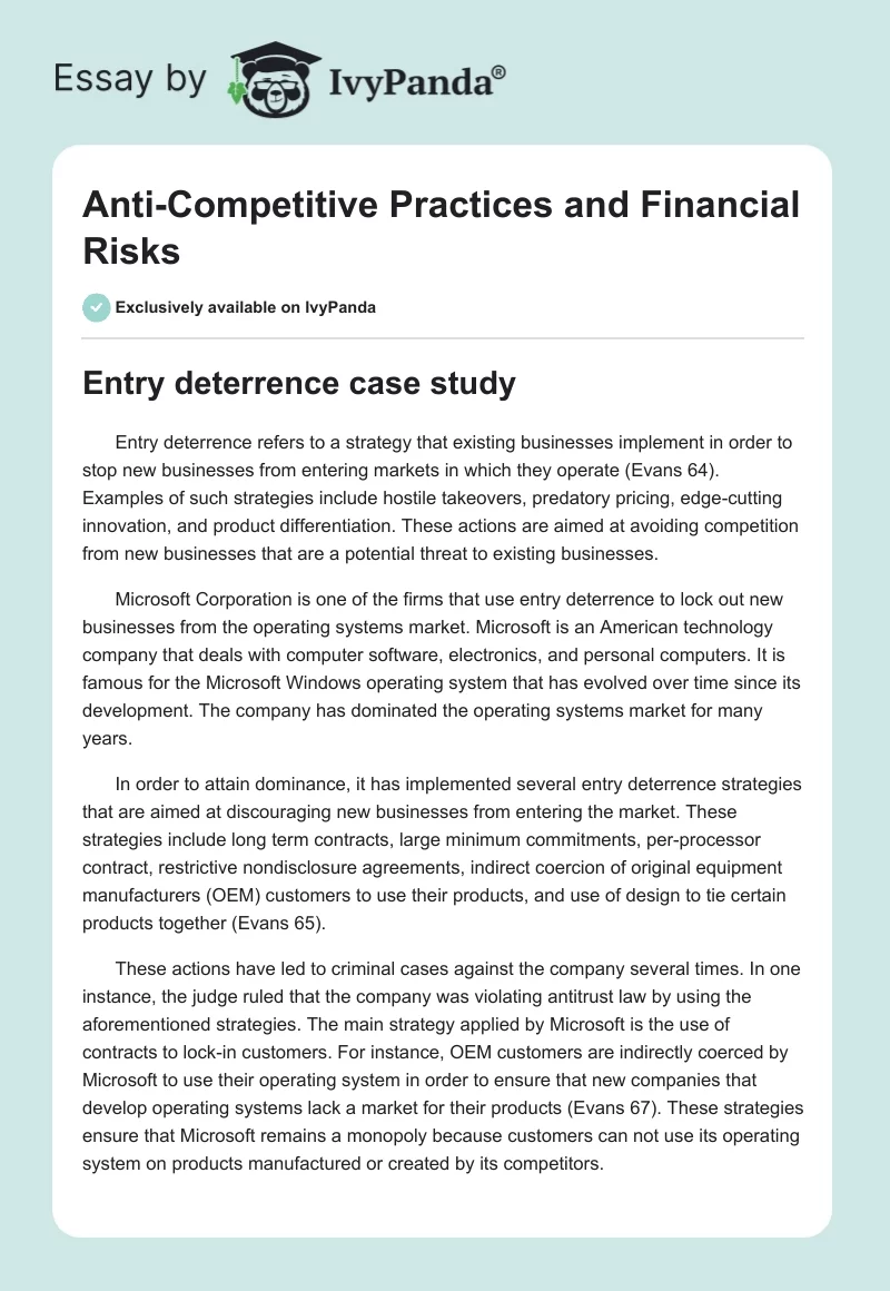 Anti-Competitive Practices and Financial Risks. Page 1