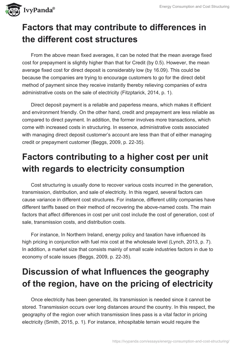 Energy Consumption and Cost Structuring. Page 2