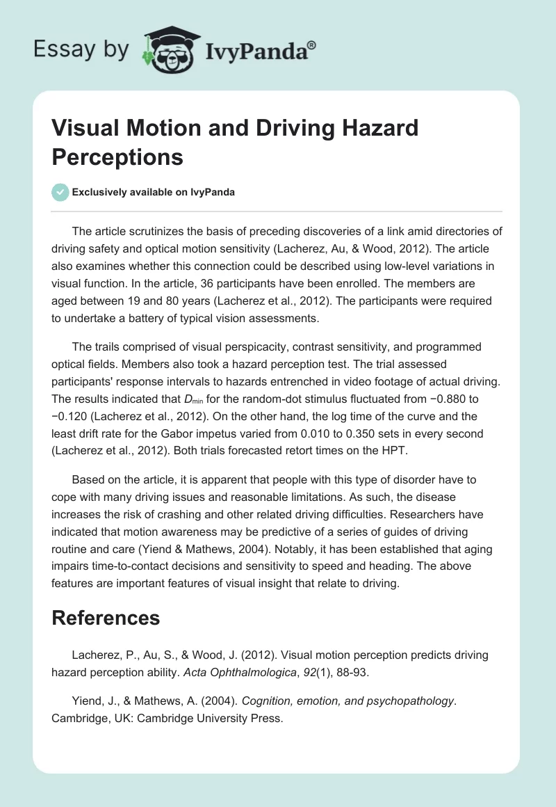Visual Motion and Driving Hazard Perceptions. Page 1