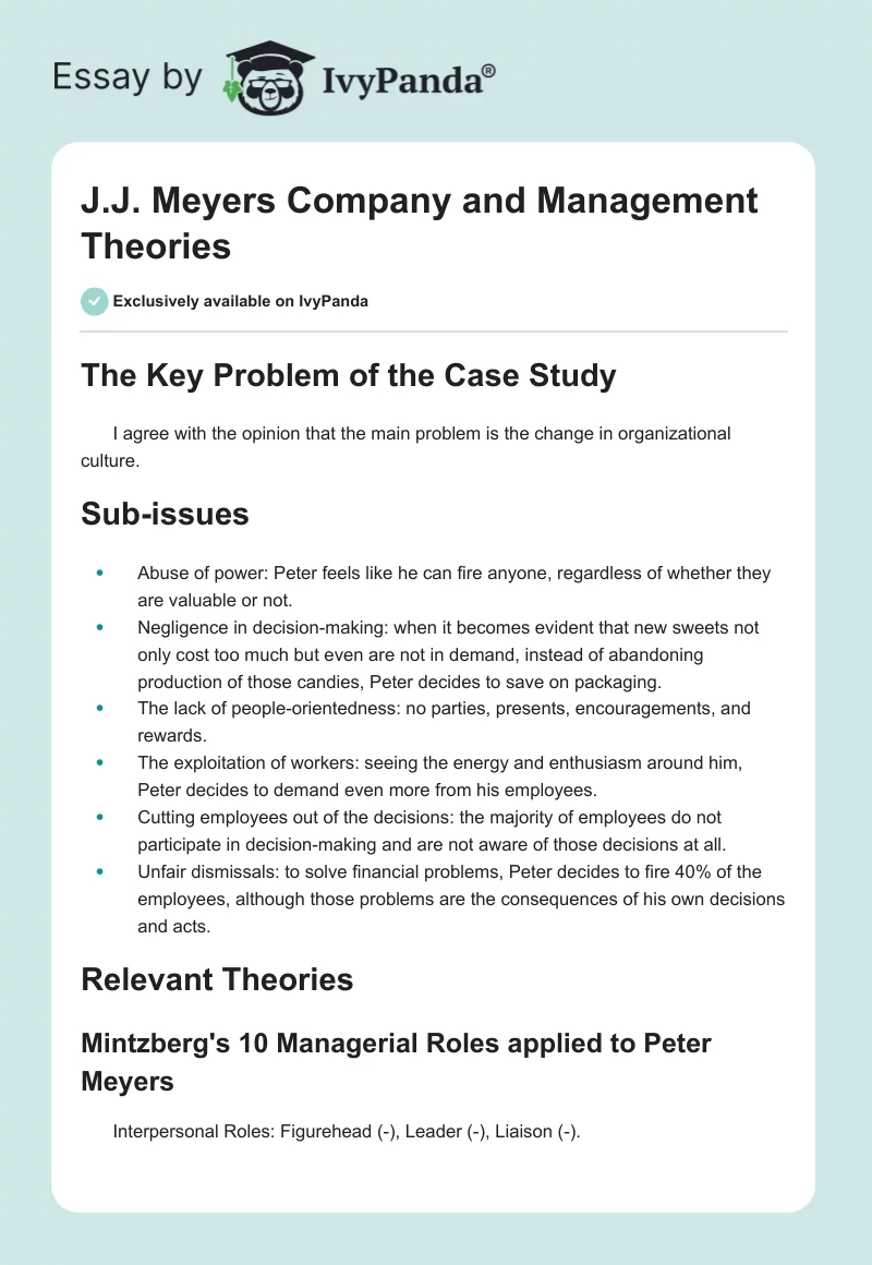 J.J. Meyers Company and Management Theories. Page 1