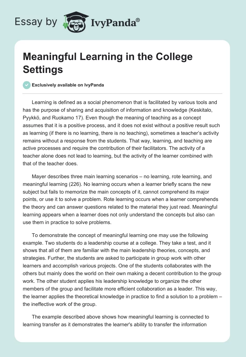 Meaningful Learning in the College Settings. Page 1