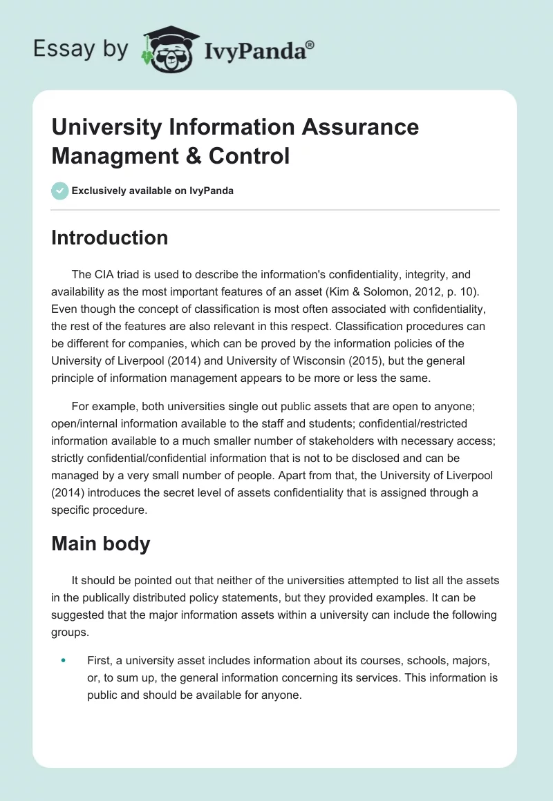 University Information Assurance Managment & Control. Page 1