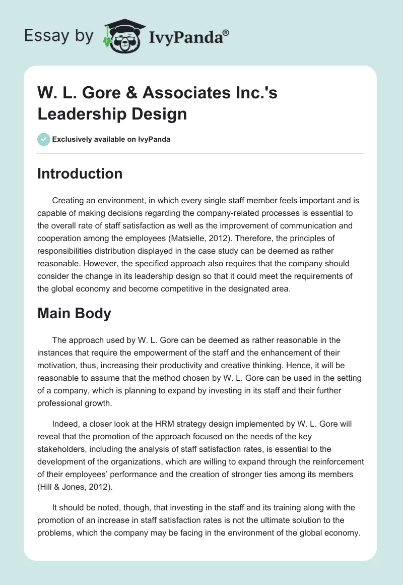 W. L. Gore & Associates Inc.'s Leadership Design. Page 1