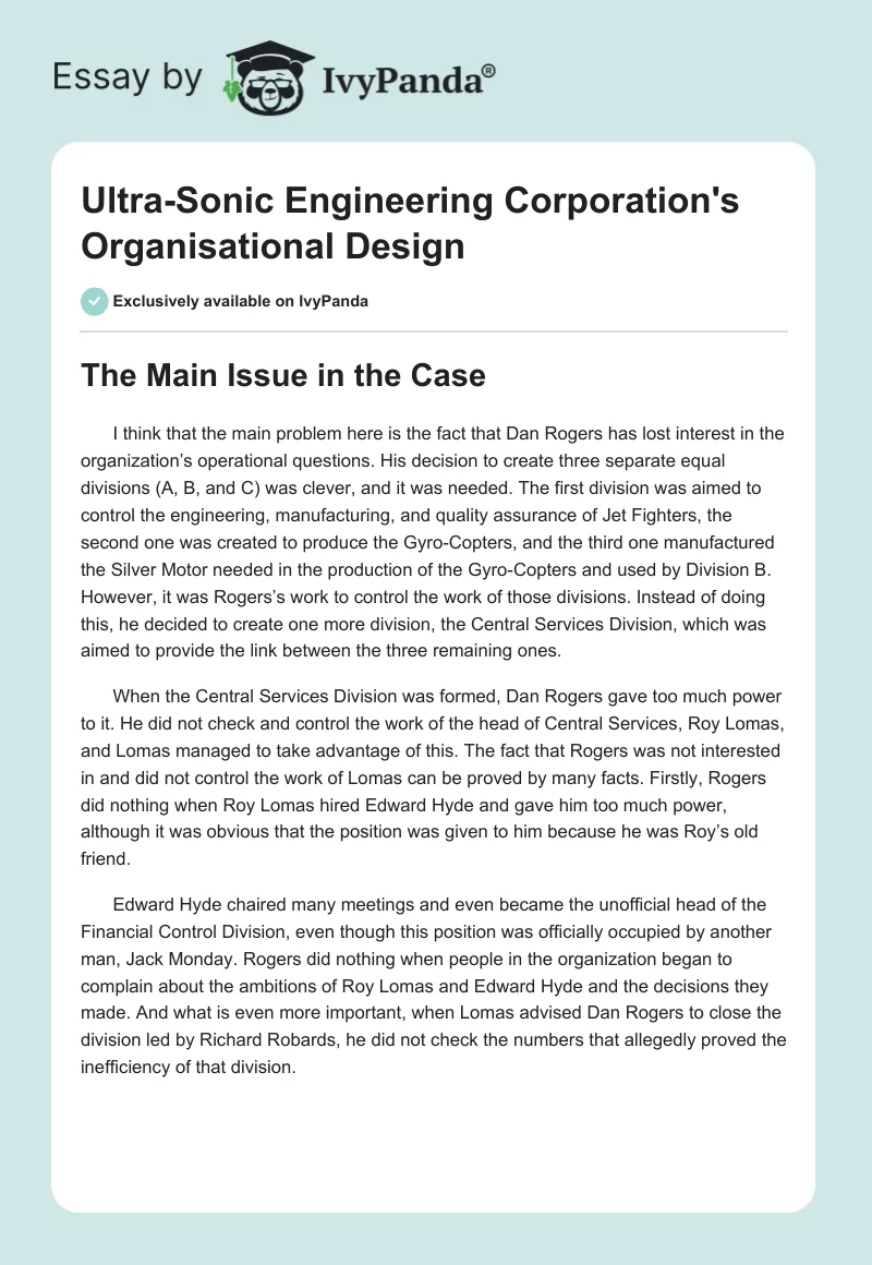 Ultra-Sonic Engineering Corporation's Organisational Design. Page 1