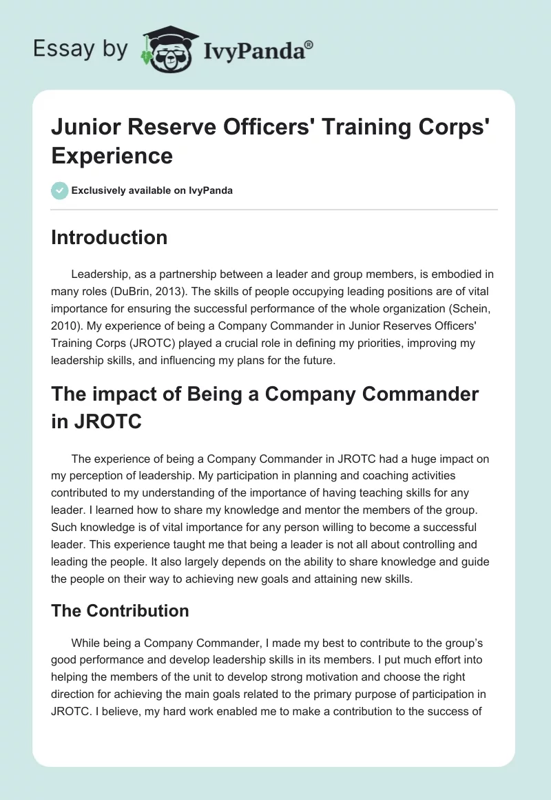 Junior Reserve Officers' Training Corps' Experience. Page 1