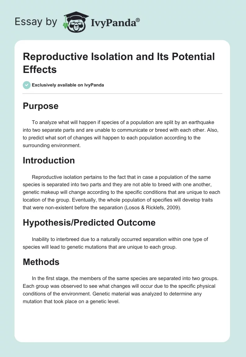 Reproductive Isolation and Its Potential Effects. Page 1