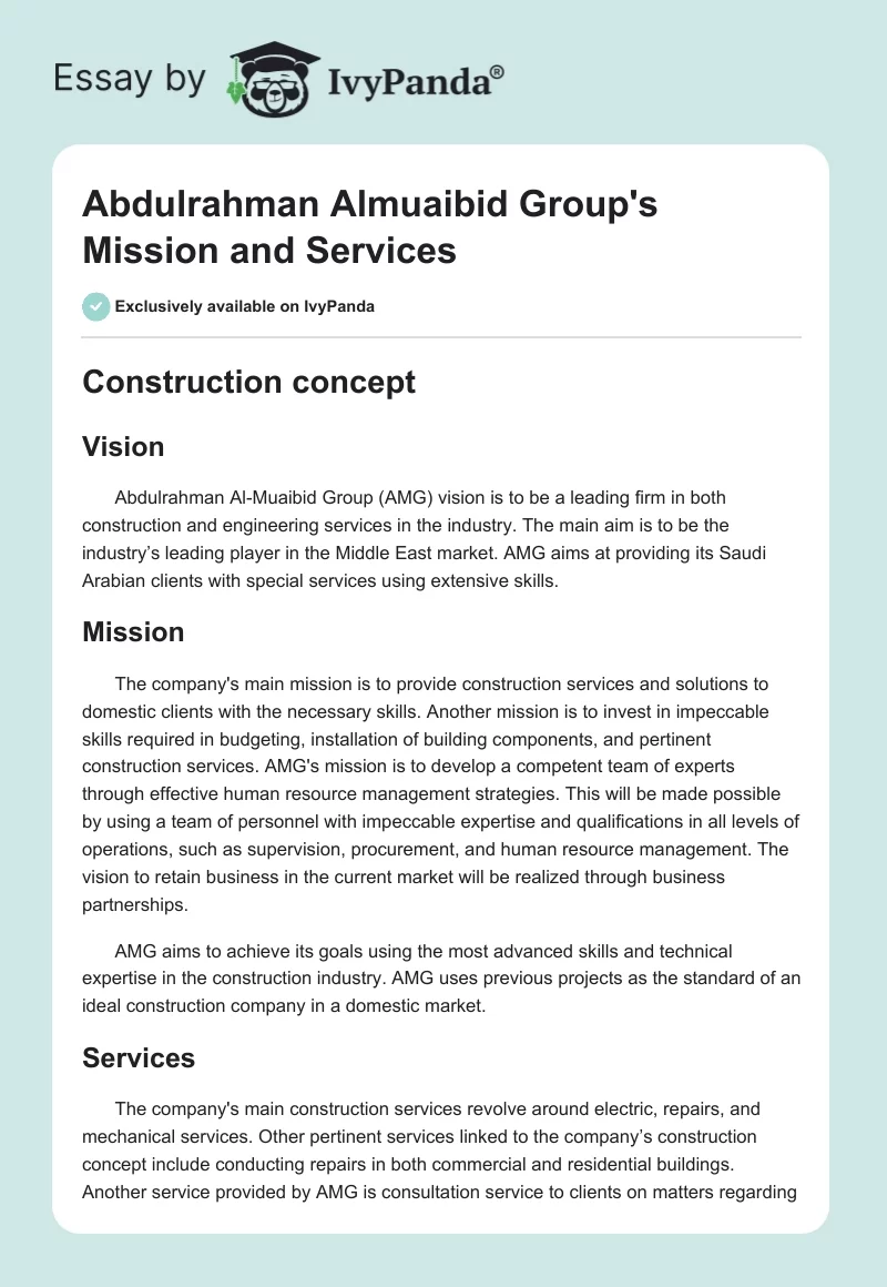 Abdulrahman Almuaibid Group's Mission and Services. Page 1