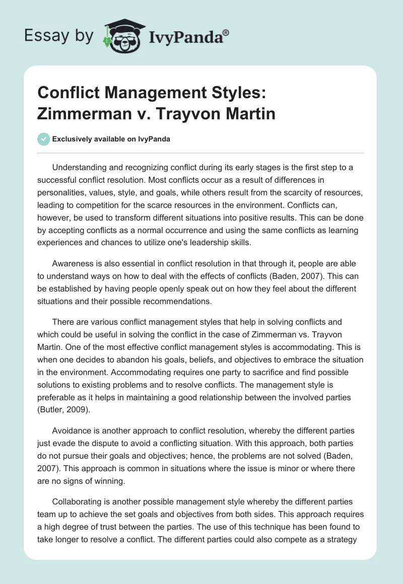 Conflict Management Styles: Zimmerman vs. Trayvon Martin. Page 1