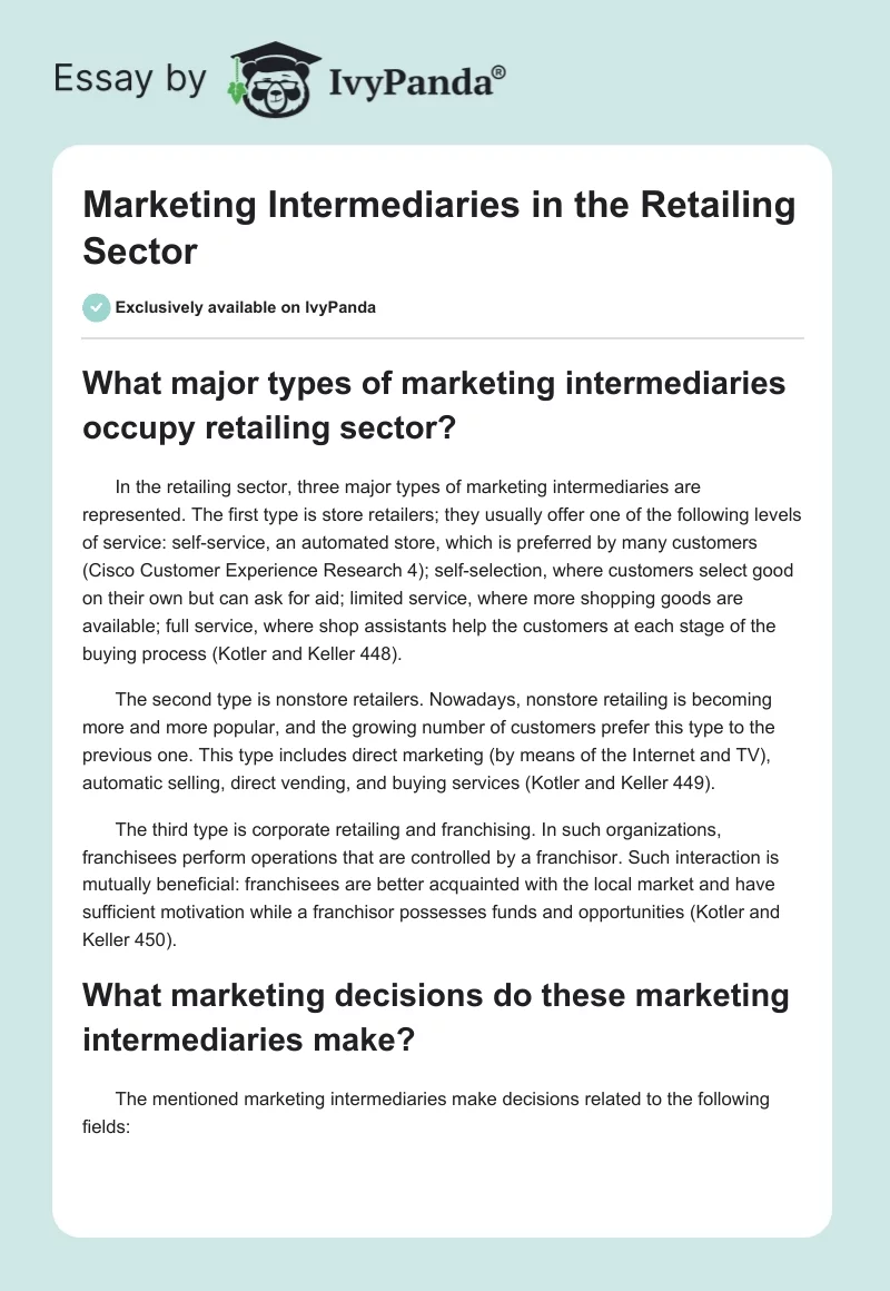 Marketing Intermediaries in the Retailing Sector. Page 1