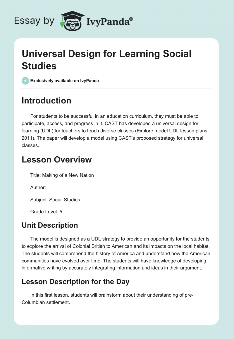 Universal Design for Learning Social Studies. Page 1