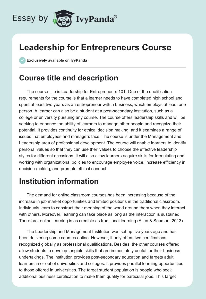 Leadership for Entrepreneurs Course. Page 1