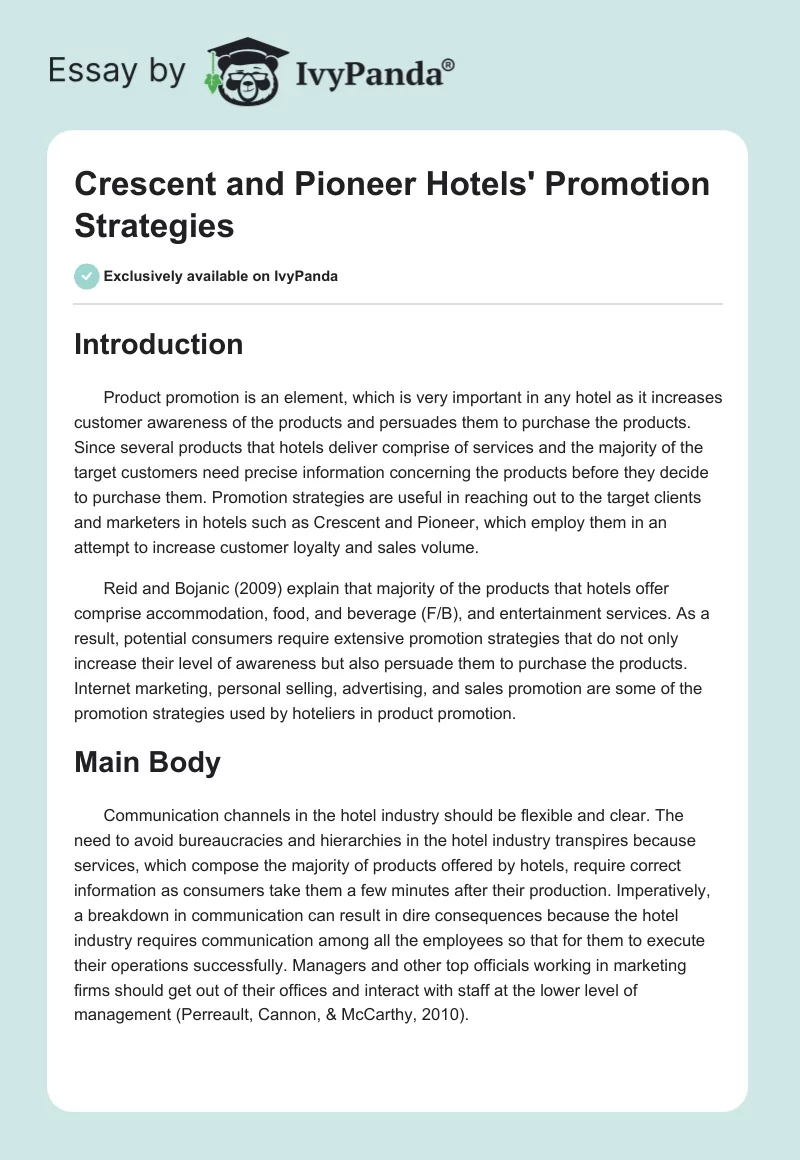 Crescent and Pioneer Hotels' Promotion Strategies. Page 1