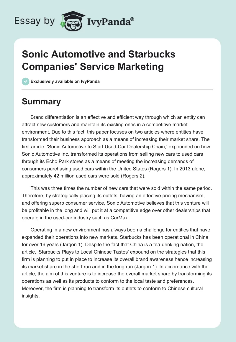 Sonic Automotive and Starbucks Companies' Service Marketing. Page 1