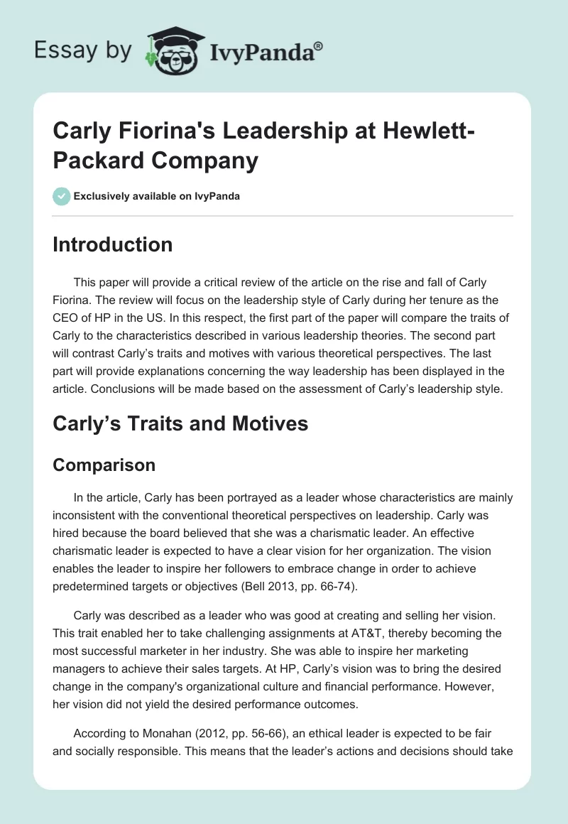 Carly Fiorina's Leadership at Hewlett-Packard Company. Page 1