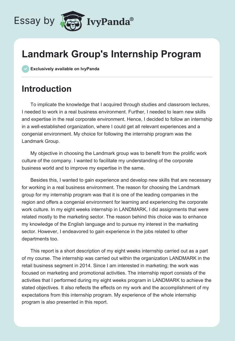 Landmark Group's Internship Program. Page 1