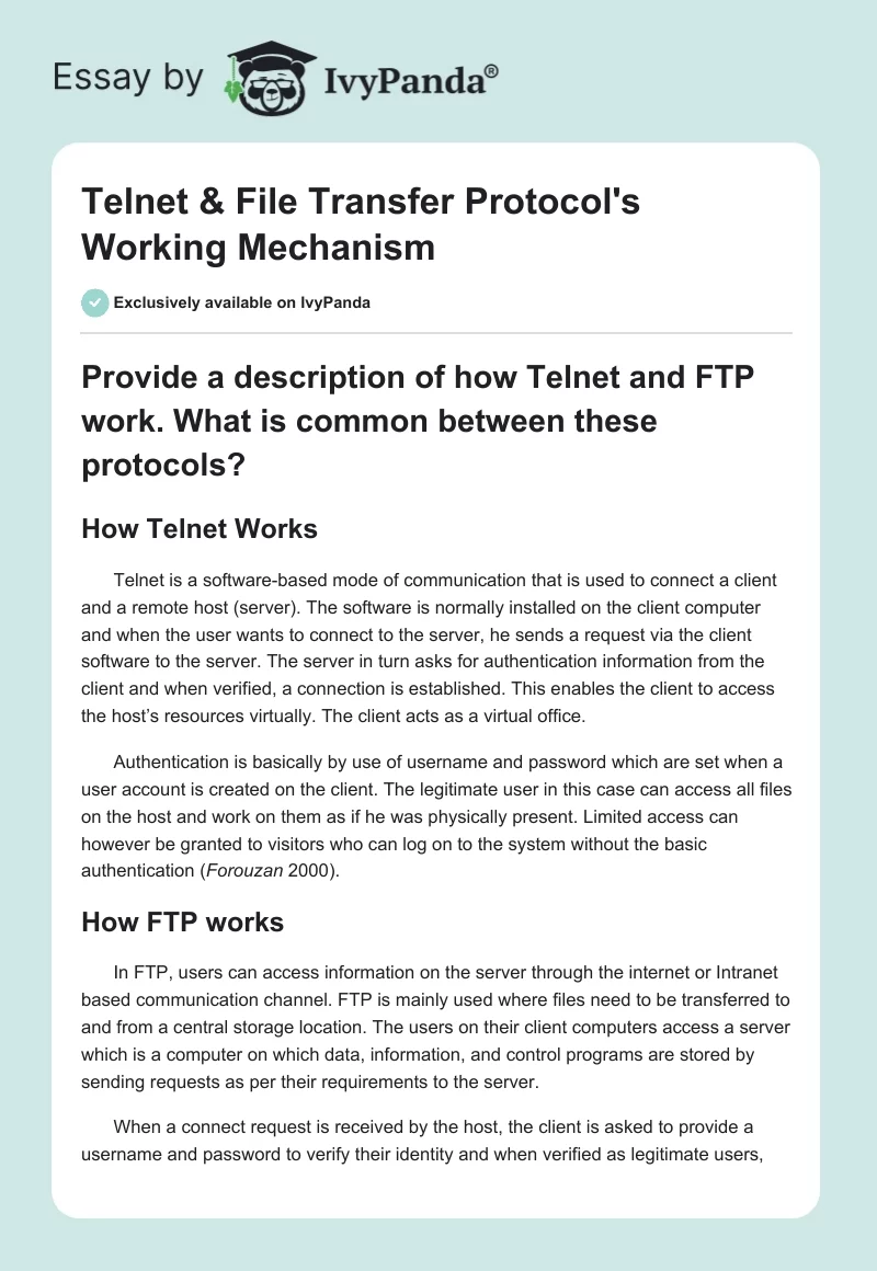 Telnet & File Transfer Protocol's Working Mechanism. Page 1