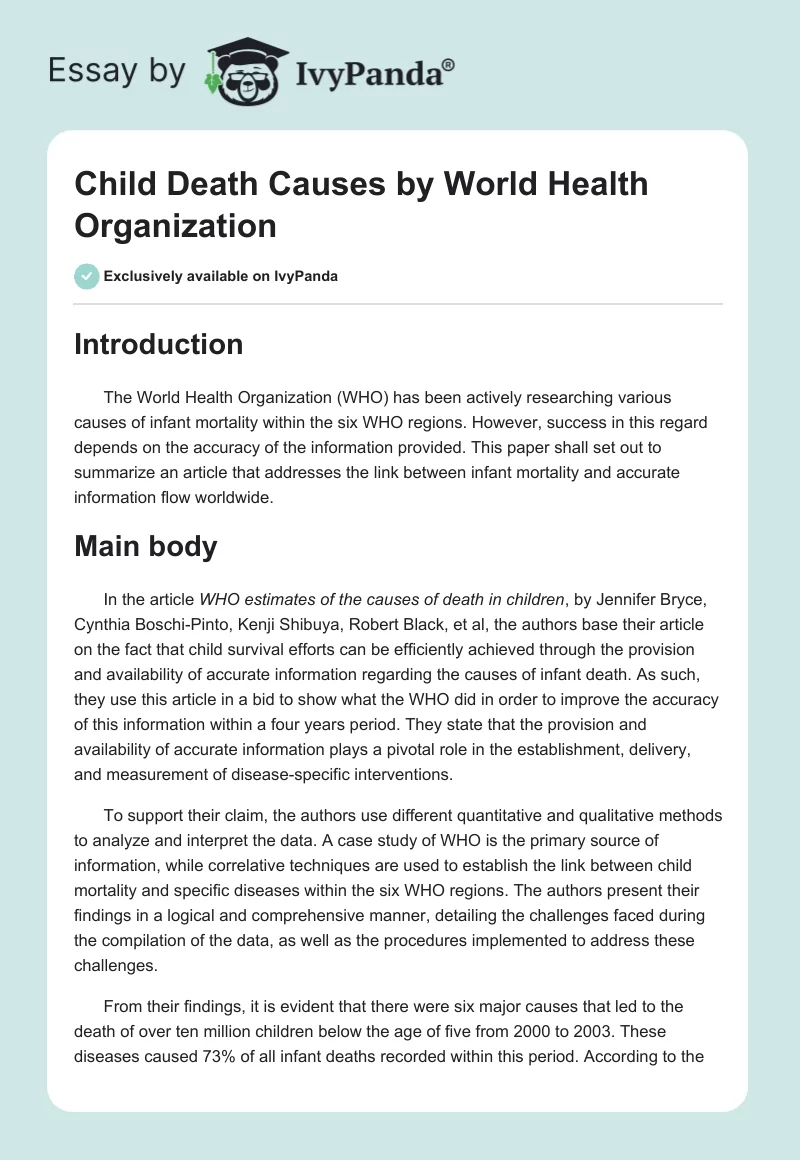 Child Death Causes by World Health Organization. Page 1