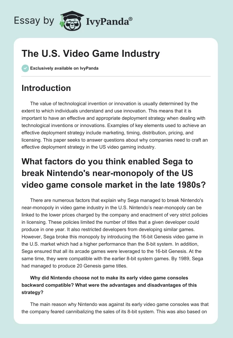The U.S. Video Game Industry. Page 1