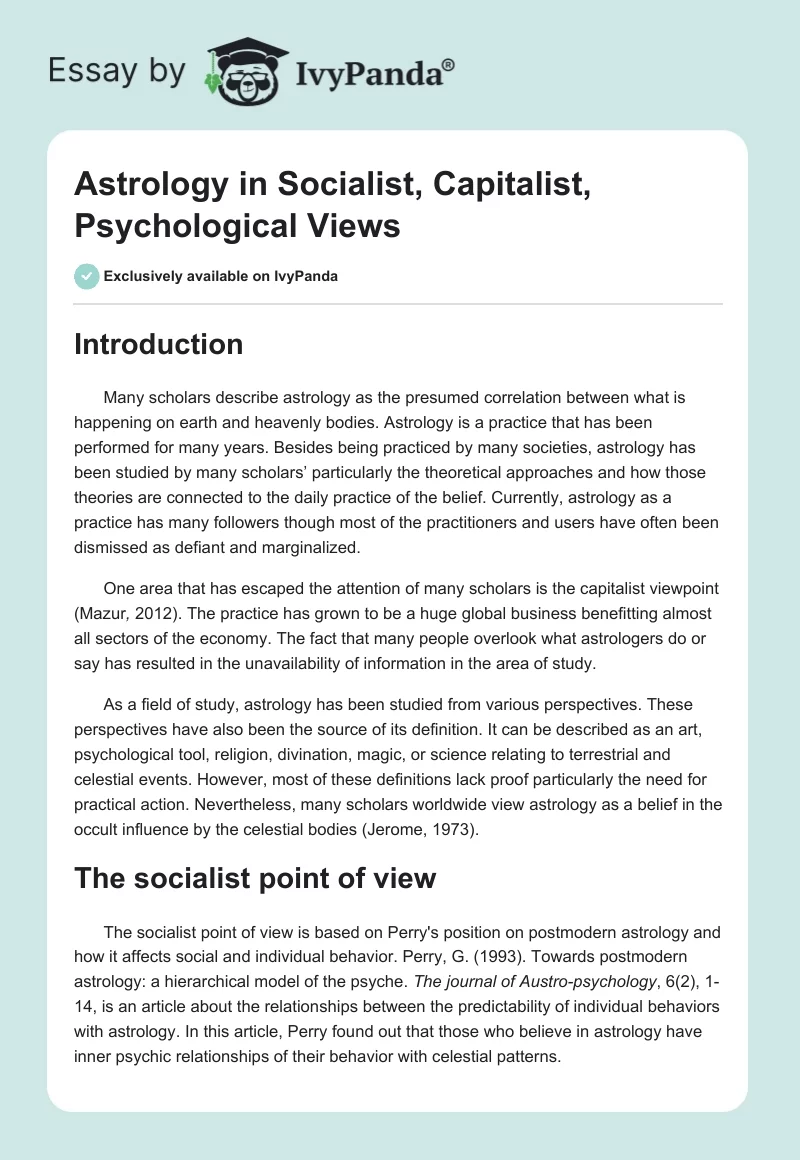 Astrology in Socialist, Capitalist, Psychological Views. Page 1
