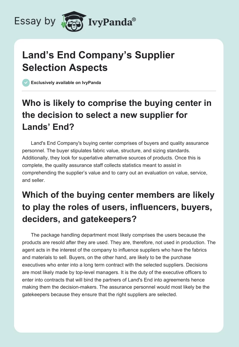 Land’s End Company’s Supplier Selection Aspects. Page 1
