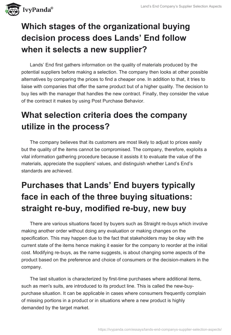 Land’s End Company’s Supplier Selection Aspects. Page 2