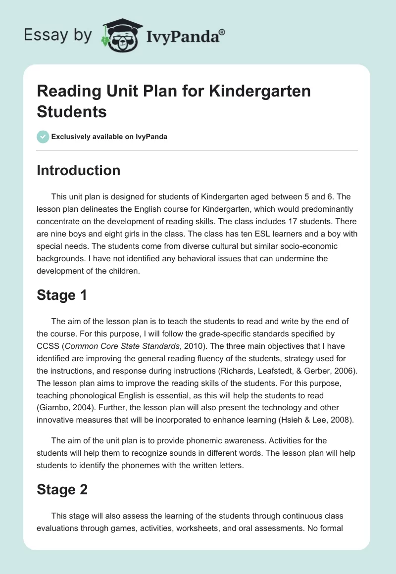 Reading Unit Plan for Kindergarten Students. Page 1