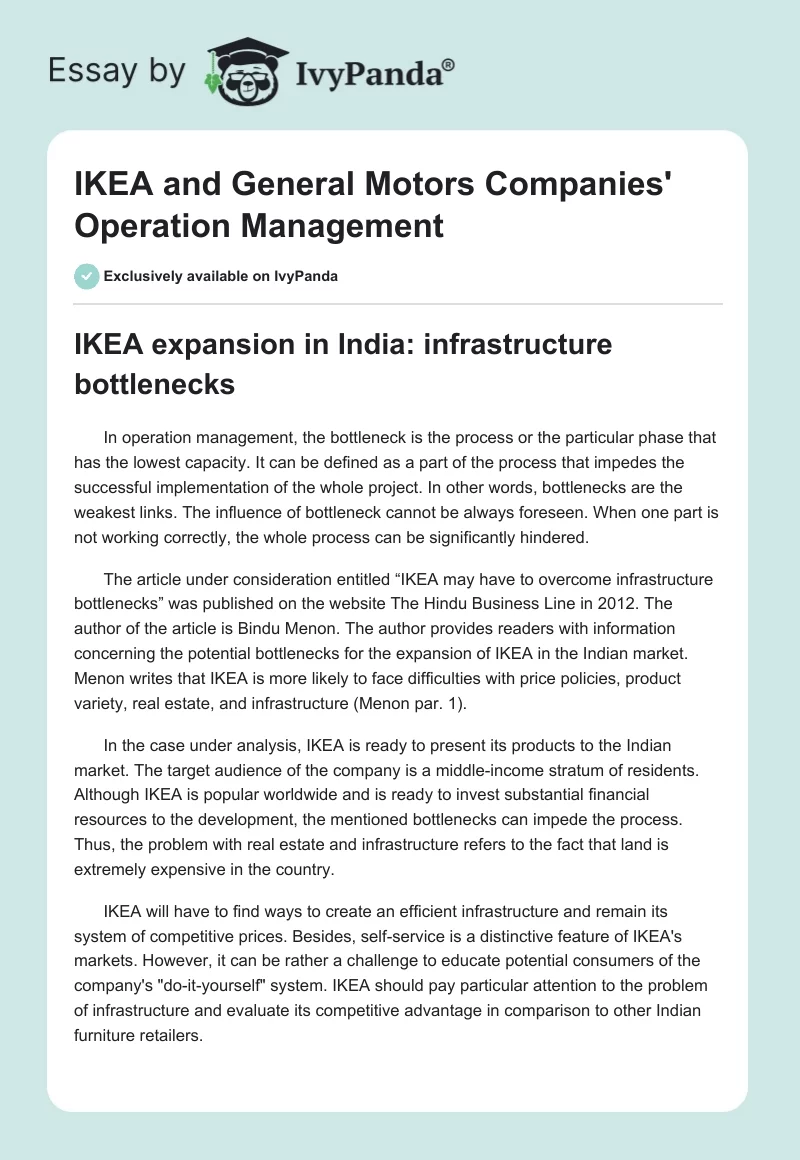 IKEA and General Motors Companies' Operation Management. Page 1